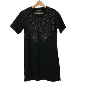 David Lerner Black Leopard Print Crewneck Short Sleeve T-Shirt Dress XS